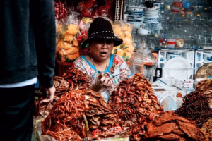 Market vendor in Mexico City selling dried chilies and local products