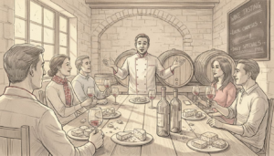 Chef leading intimate wine tasting group in winery