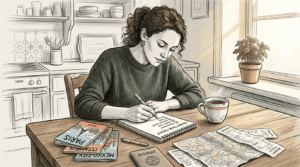 Woman planning culinary travel with checklist
