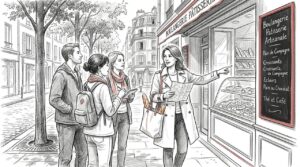 Guide leading food tour group near bakery