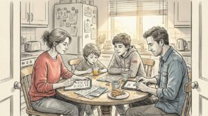 Family planning food tour at kitchen table