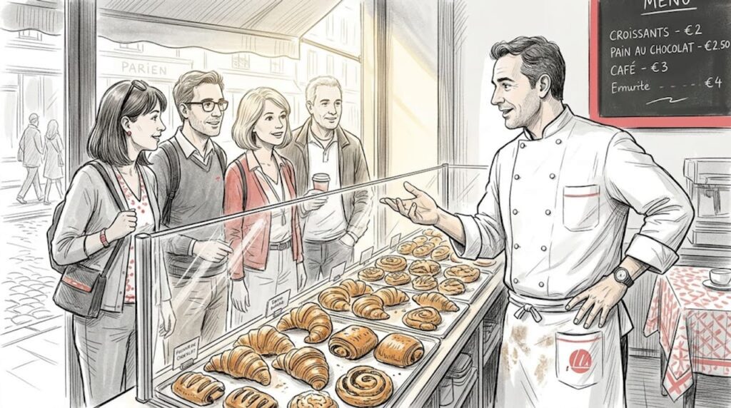 Chef guiding group in Paris bakery