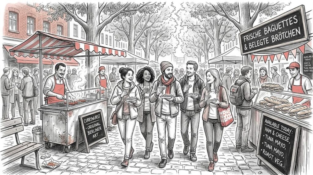 Travelers sampling food at Berlin street market
