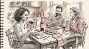 Friends tasting wine at home kitchen table